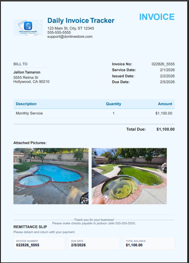 An invoice with before and after job photos attached below the line items