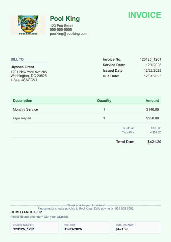 Invoice in the green Nature theme with a business logo, itemised lines, tax and a remittance slip